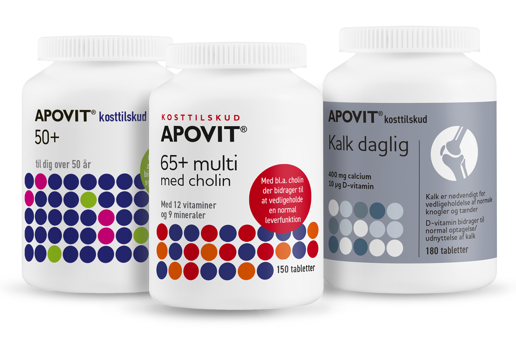 Apovit 50+, 65+ Multi med cholin og Kalk daglig i hvide bøtter med farvede prikmønstre.