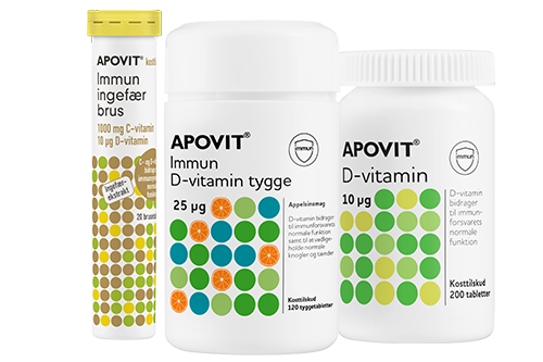 Apovit D‑vitamin produktfamilie – Immun ingefær C+ D‑vitamin brus, Immun D‑vitamin tyggetabletter og D‑vitamin tabletter.