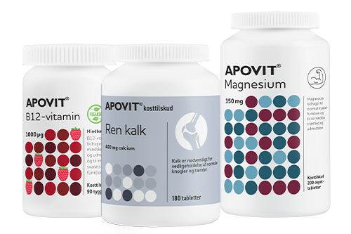 Apovit B12‑vitamin, Ren kalk og Magnesium kosttilskud i hvide bøtter med farvede prikker.