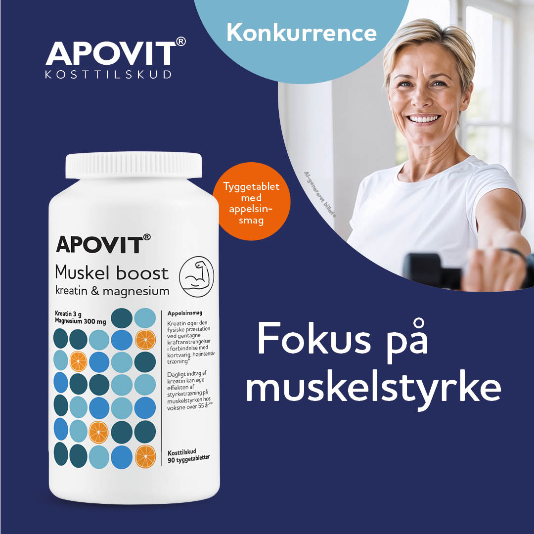Apovit Muskel Boost kreatin og magnesium – konkurrencekampagne med fokus på muskelstyrke og tyggetablet med appelsinsmag.