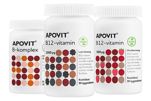 Apovit B‑vitamin produktfamilie – B‑kompleks og B12‑vitamin i flere styrker og smagsvarianter.