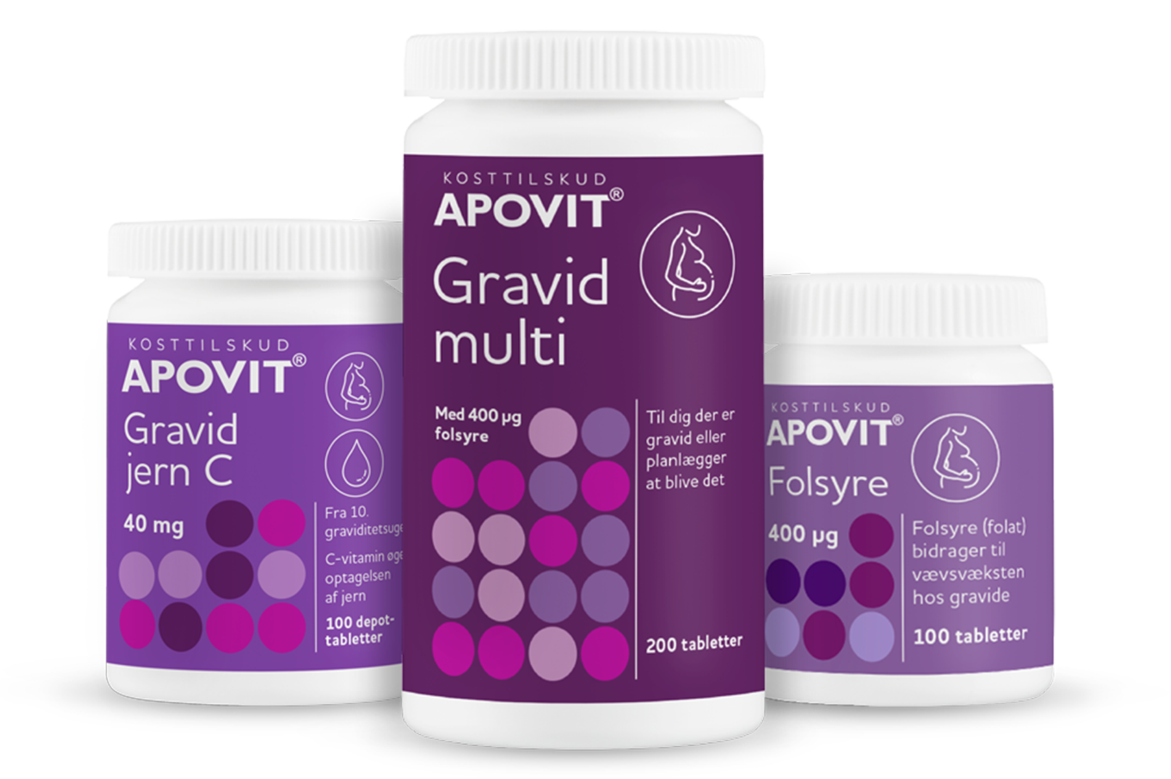 Apovit Gravid multi, Gravid jern C og Folsyre i lilla og rosa emballager til gravide.