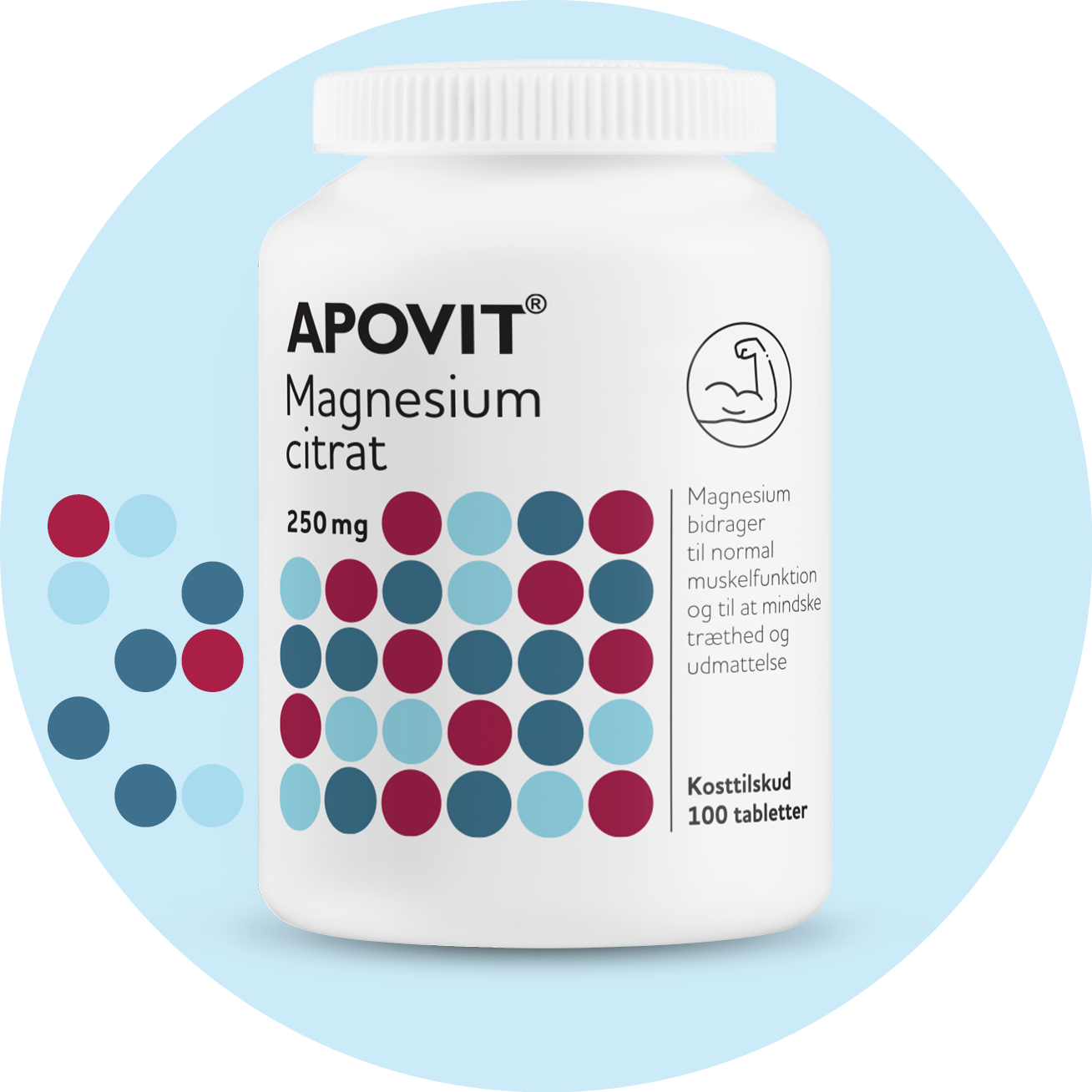 Apovit Magnesiumcitrat 250 mg – kosttilskud med let optagelig magnesiumkilde i hvid bøtte med farvede cirkler og muskelikon.