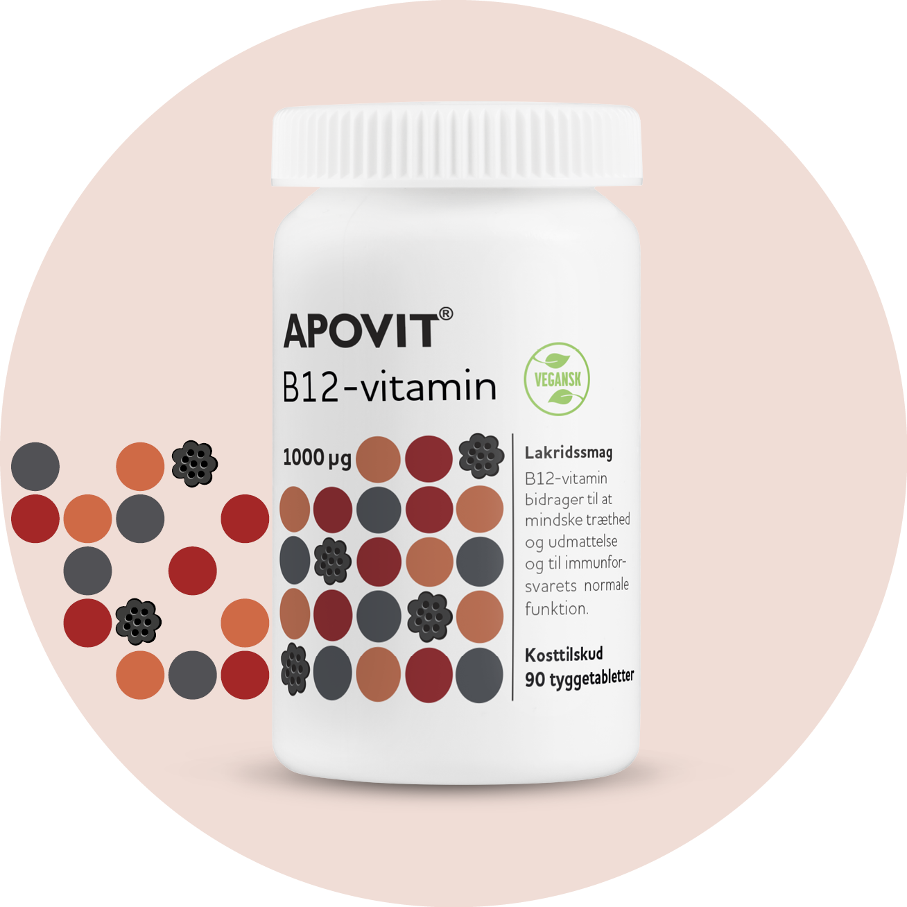 Apovit B12‑vitamin 1000 µg i lakridssmag, vegansk tyggetablet i hvid bøtte med farvede prikmønstre.