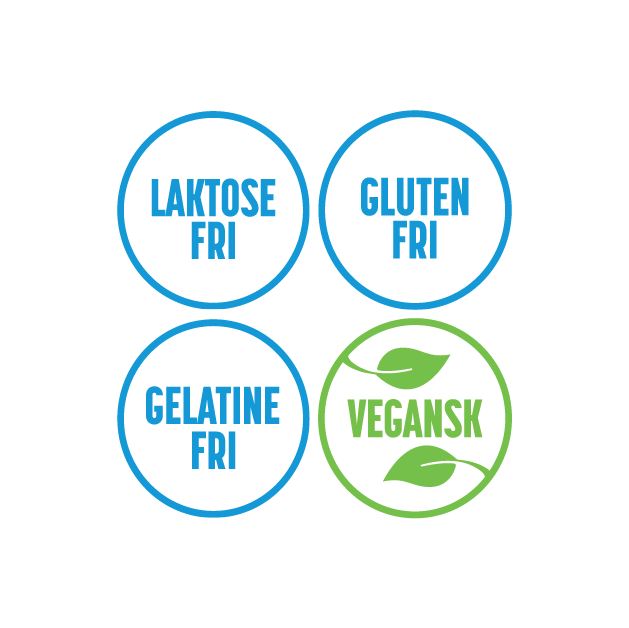 Ikoner der viser Apovit Magnesium er laktosefri, glutenfri, gelatinefri og vegansk.