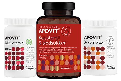 Apovit kosttilskud til energi og kredsløb – Kolesterol & Blodsukker, B12‑vitamin og B‑kompleks i en samlet produktfamilie.