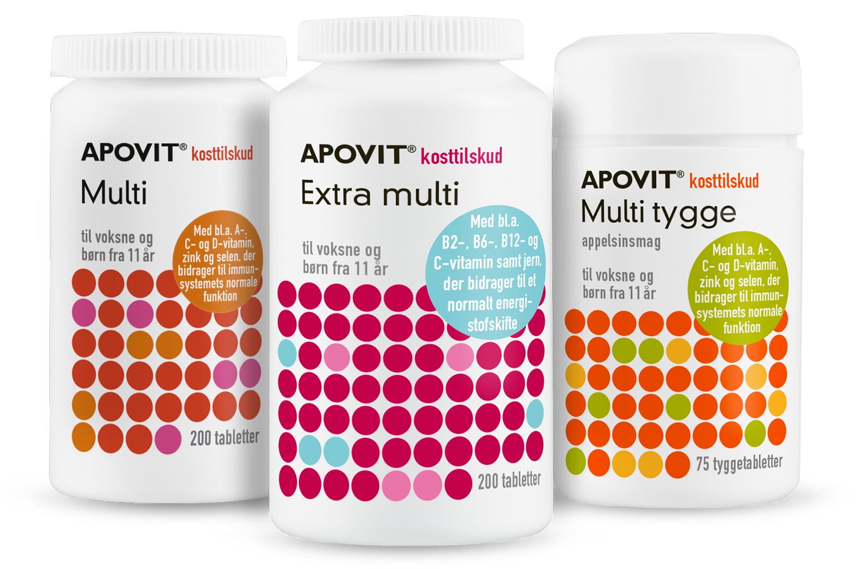 Apovit Multi, Extra Multi og Multi tygge i hvide bøtter med farverige prikmønstre til voksne og børn.