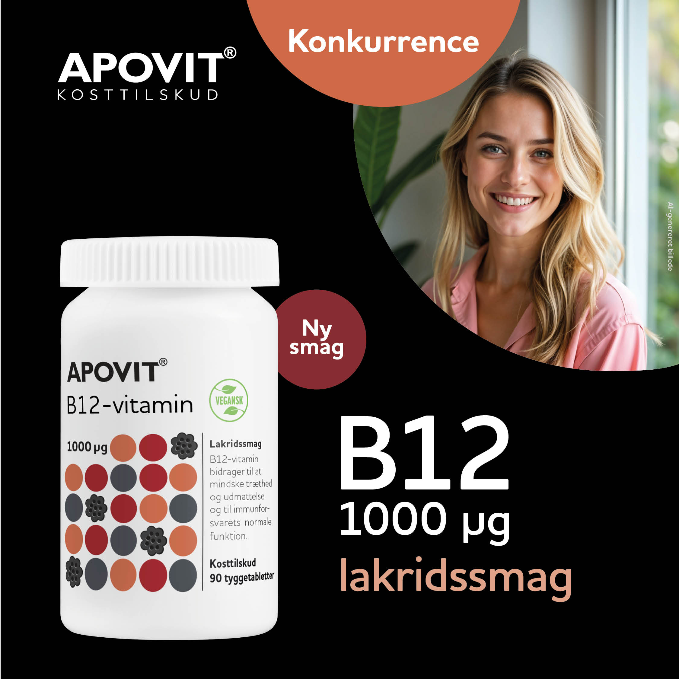 APOVIT B12‑vitamin 1000 µg med lakridssmag præsenteret i konkurrencegrafik, med produktbillede og tekst om ny smag.