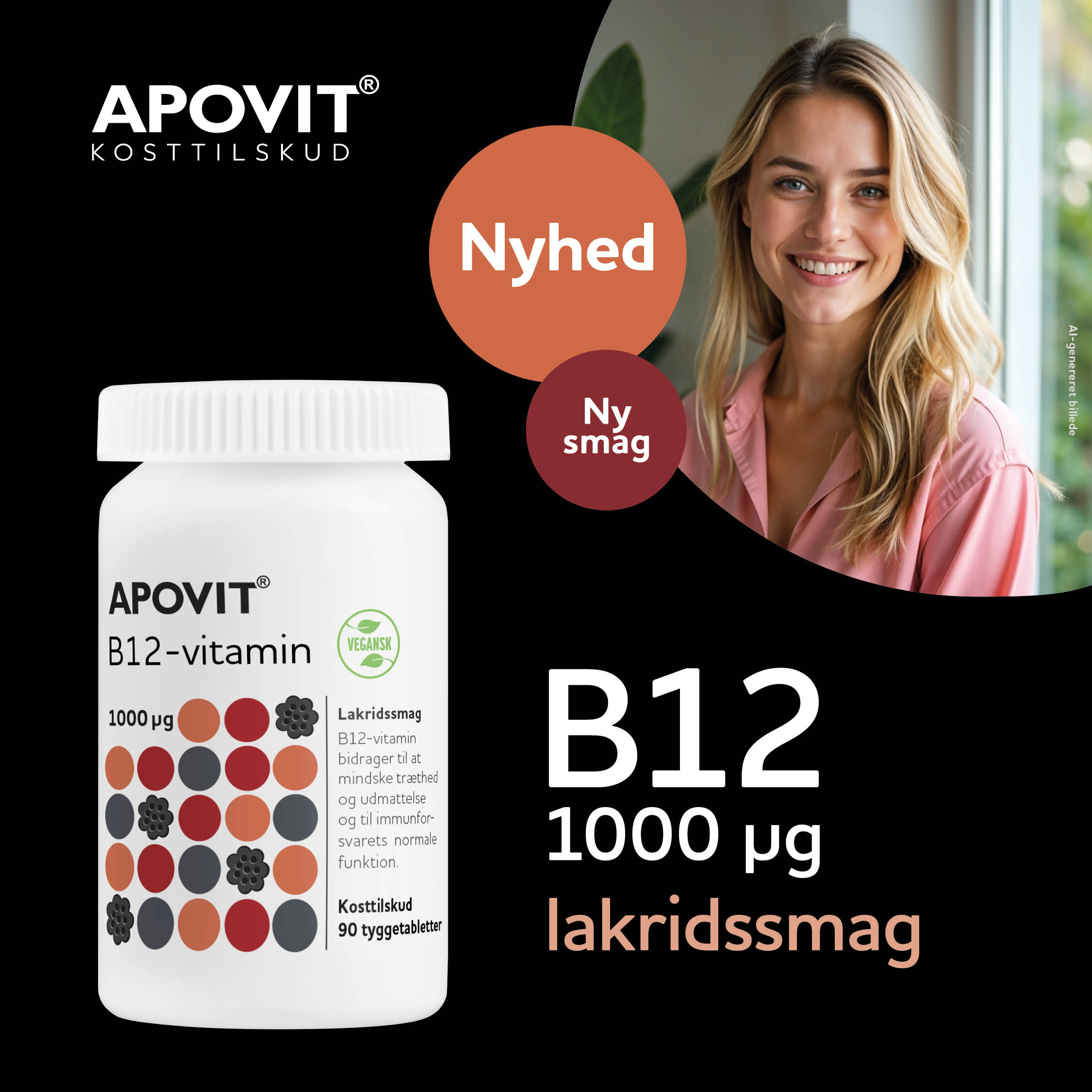 APOVIT B12‑vitamin 1000 µg med lakridssmag vist i nyhedsgrafik, med produktbillede og markering af ny smag.