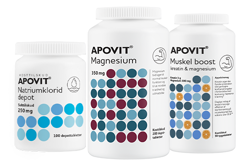 Apovit sport og sundhed produktfamilie – Natriumklorid depot, Magnesium 350 mg og Muskel Boost kreatin & magnesium.
