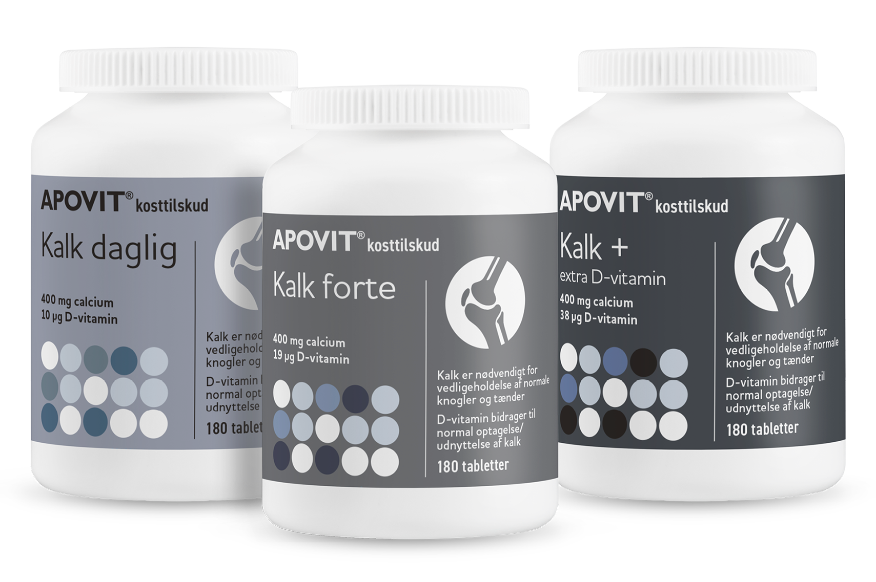Apovit Kalk daglig, Kalk forte og Kalk + D‑vitamin i hvide bøtter med blågrå prikdesign.