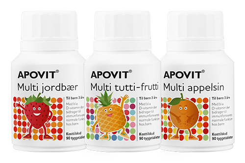 Apovit børnevitaminer i jordbær, tutti‑frutti og appelsin smag i hvide bøtter med frugtmotiver.