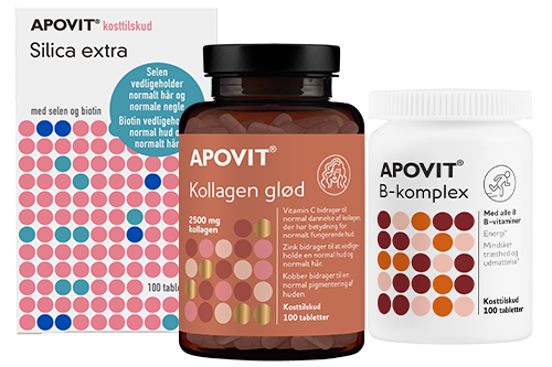 Apovit skønhed indefra produktfamilie – Silica Extra, Kollagen Glød og B‑kompleks til hår, hud og negle.