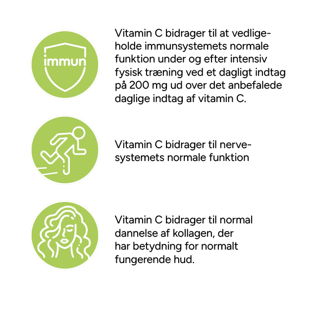 C-vitamin bidrager til immun-systemets normale funktion og bidrager til at mindske udmattelse og træthed