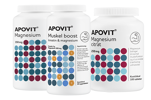 Apovit magnesium produktfamilie – Magnesium 350 mg, Muskel Boost kreatin & magnesium og Magnesium citrat 250 mg.