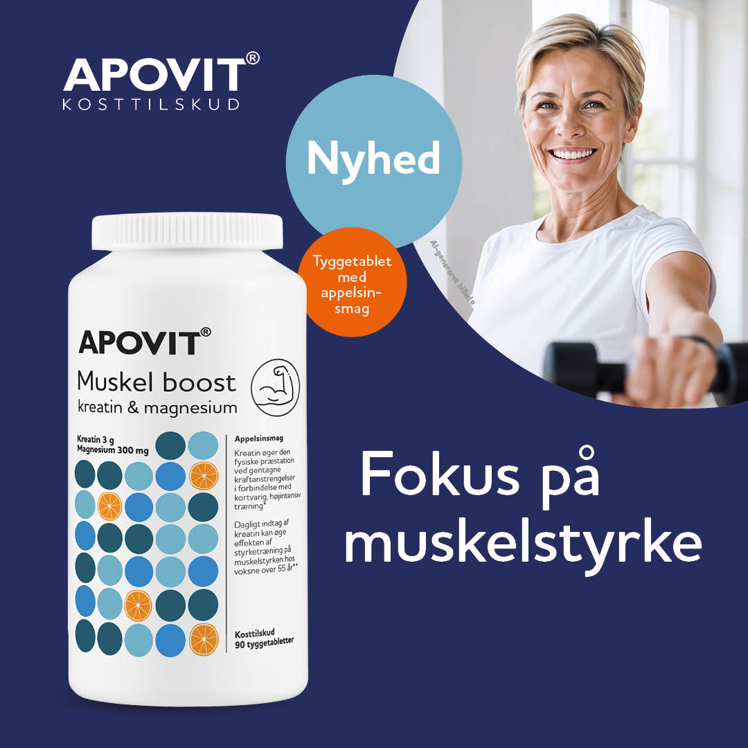 Apovit Muskel Boost kreatin og magnesium – nyhedskampagne med fokus på muskelstyrke og tyggetablet med appelsinsmag.