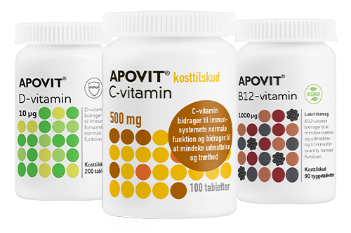 Apovit C‑vitamin, D‑vitamin og B12‑vitamin i hvide bøtter med farvede prikmønstre.