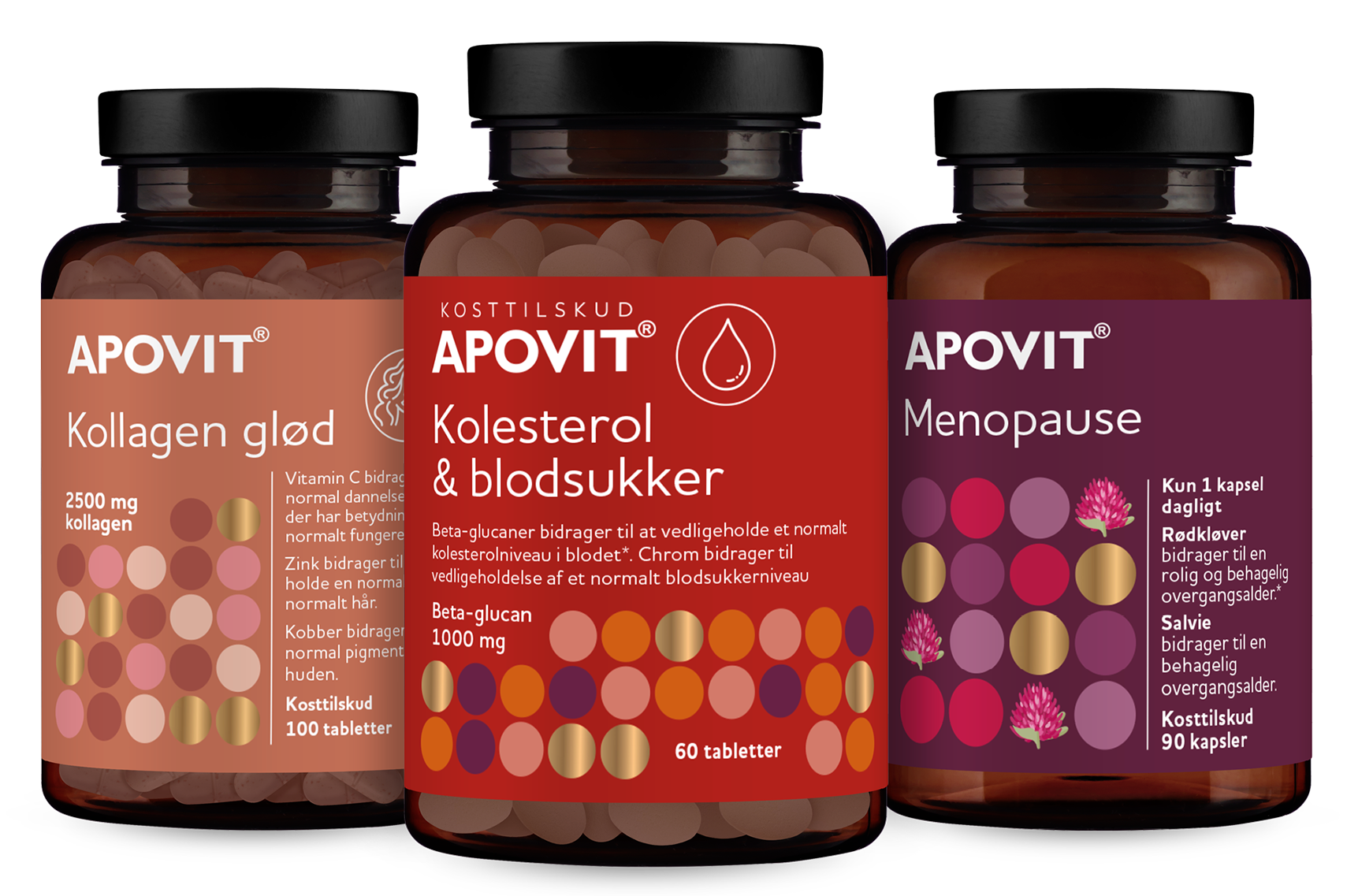 Apovit Premium kosttilskud: Kollagen glød, Kolesterol & blodsukker og Menopause i brune bøtter.