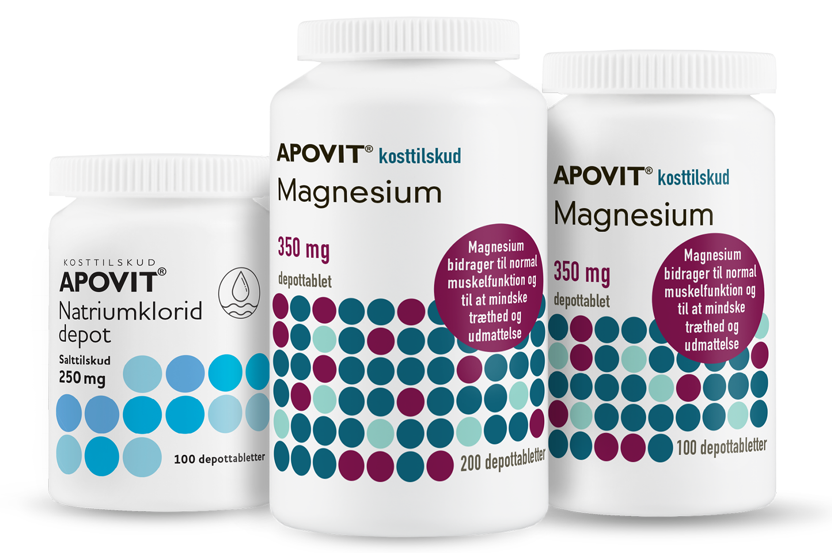 Apovit Natriumklorid depot og Magnesium depottabletter i hvide bøtter med blågrønne prikker.