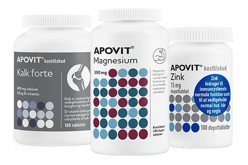 Apovit Kalk forte, Magnesium og Zink kosttilskud i hvide bøtter med blå og grå prikmønstre.