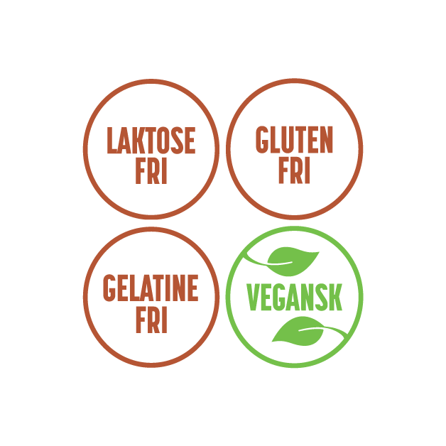 Ikoner for laktosefri, glutenfri, gelatinefri og vegansk kosttilskud.
