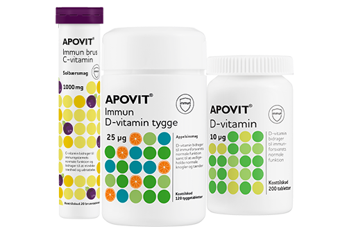 Apovit immunproduktfamilie – C‑vitamin brus, Immun D‑vitamin tyggetabletter og D‑vitamin tabletter.