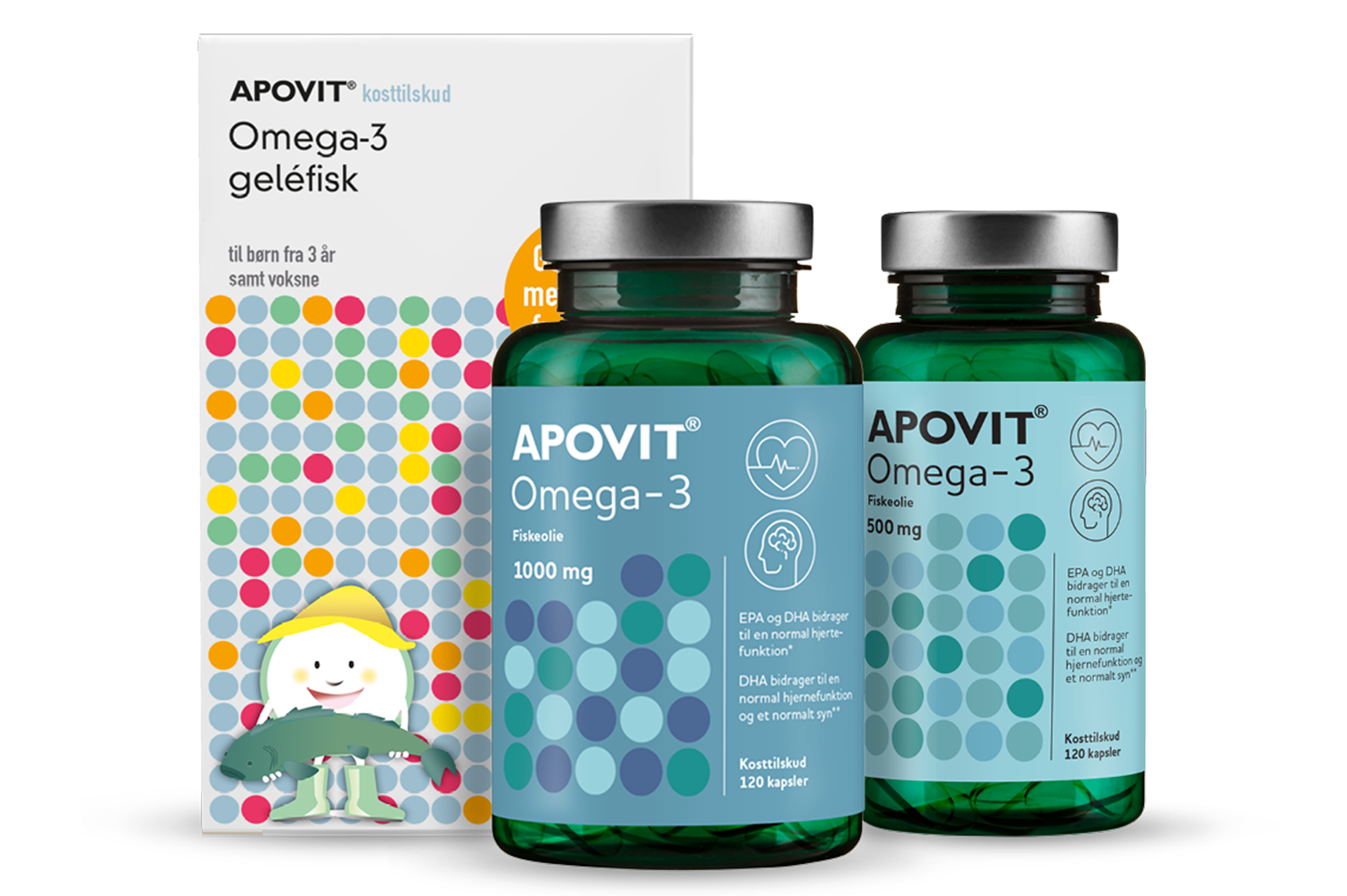 Apovit Omega‑3 fiskeolie og Omega‑3 geléfisk i grønne flasker og æske med børnemotiv.