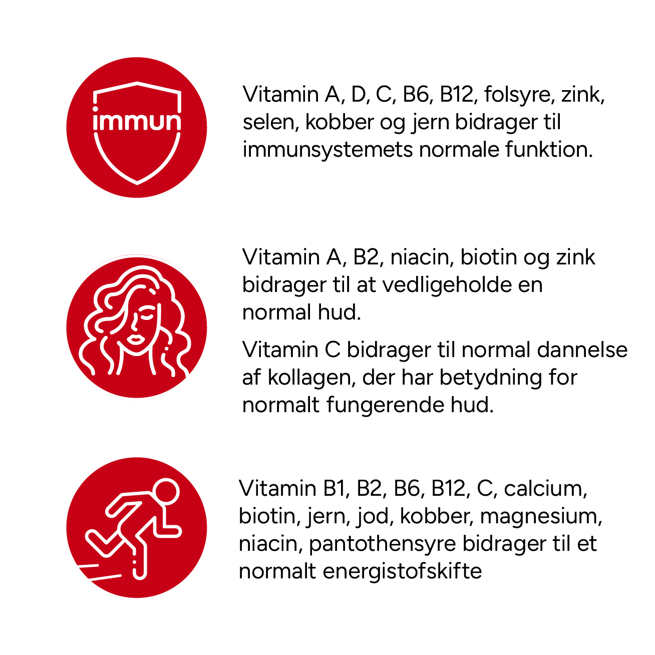Specielt tilpasset kvinde 45+ år med bl.a. A-, C- og D-vitamin, zink og selen, der bidrager til immunsystemets normale funktion. Ekstra D og B12 vitamin samt biotin.
